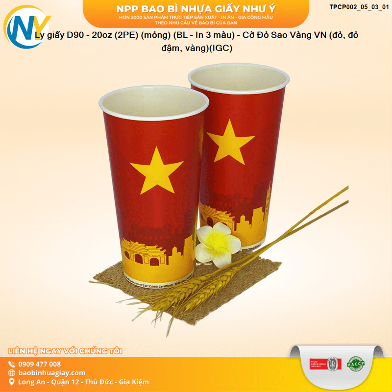 Ly giấy D90 - 20oz (2PE) (mỏng) (BL - In 3 màu) - Cờ Đỏ Sao Vàng VN (đỏ, đỏ đậm, vàng)(IGC) | LY GIẤY | Mã TPCP002_05_03_01