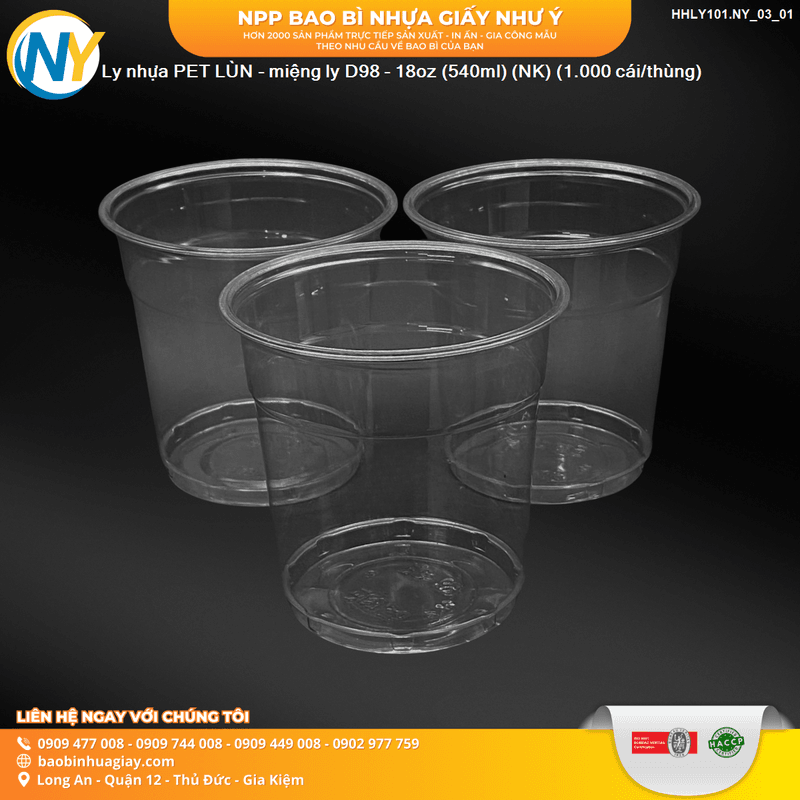 Ly nhựa PET LÙN - miệng ly D98 - 18oz (540ml) (NK) (1.000 cái/thùng)