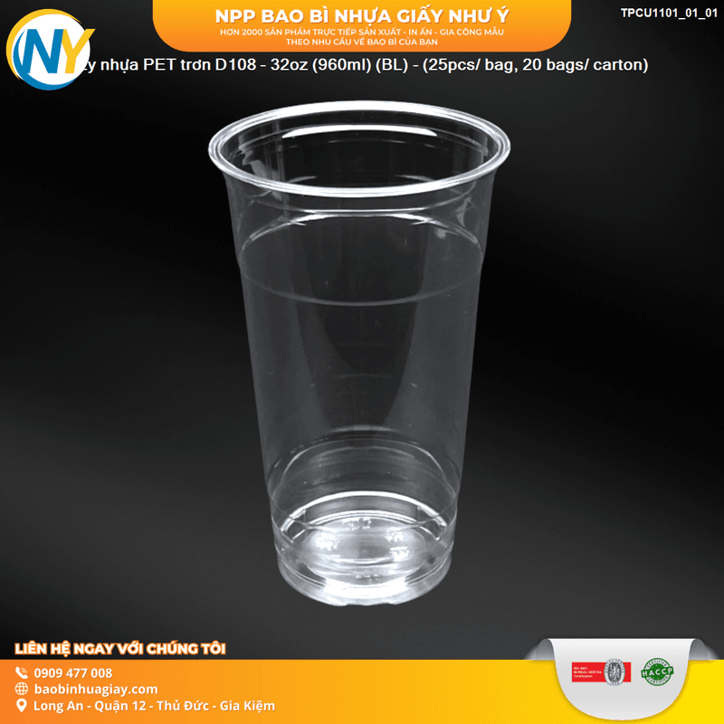 Ly nhựa PET trơn D108 - 32oz (960ml) (BL) - (25pcs/ bag, 20 bags/ carton) | LY NHỰA PET | Mã TPCU1101_01_01