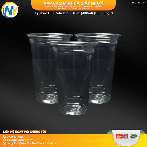 Ly nhựa PET trơn D92 - 16oz (480ml) (BL) - Loại 1 | LY NHỰA PET | Mã TLLY007_01 | Tổng kho phân phối đồ dùng 1 lần 1lan.vn