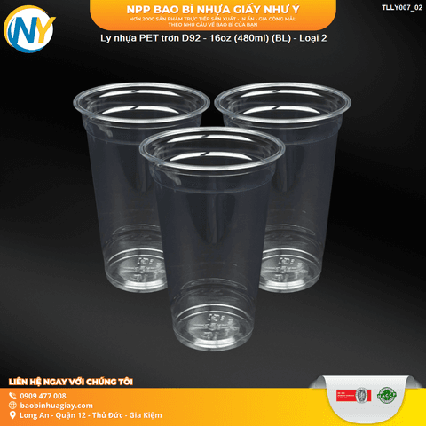 Ly nhựa PET trơn D92 - 16oz (480ml) (BL) - Loại 2 | LY NHỰA PET | Mã TLLY007_02 | Tổng kho phân phối đồ dùng 1 lần 1lan.vn