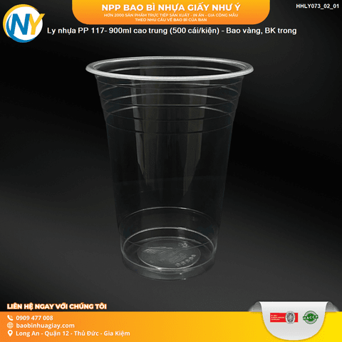 Ly nhựa PP 117- 900ml Cao Trung (12.0) (TTIN) (500 cái/bao) - Bao vàng, BK trong | LY NHỰA PP | Mã HHLY073_02_01 | Tổng kho phân phối đồ dùng 1 lần 1lan.vn