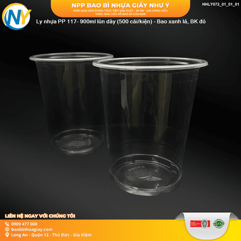Ly nhựa PP 117- 900ml lùn dày (500 cái/kiện) - Bao xanh lá, BK đỏ | LY NHỰA PP | Mã HHLY072_01_01_01 | Tổng kho phân phối đồ dùng 1 lần 1lan.vn