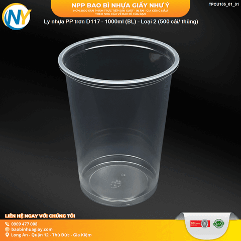 Ly nhựa PP trơn D117 - 1000ml (BL) - Loại 2 (500 cái/ thùng) | LY NHỰA PP | Mã TPCU106_01_01 | Tổng kho phân phối đồ dùng 1 lần 1lan.vn