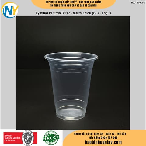 Ly nhựa PP trơn D117 - 800ml (500 cái/bao) thiếu (BL) - Loại 1 | LY NHỰA PP | Mã TLLY006_02 | Tổng kho phân phối đồ dùng 1 lần 1lan.vn