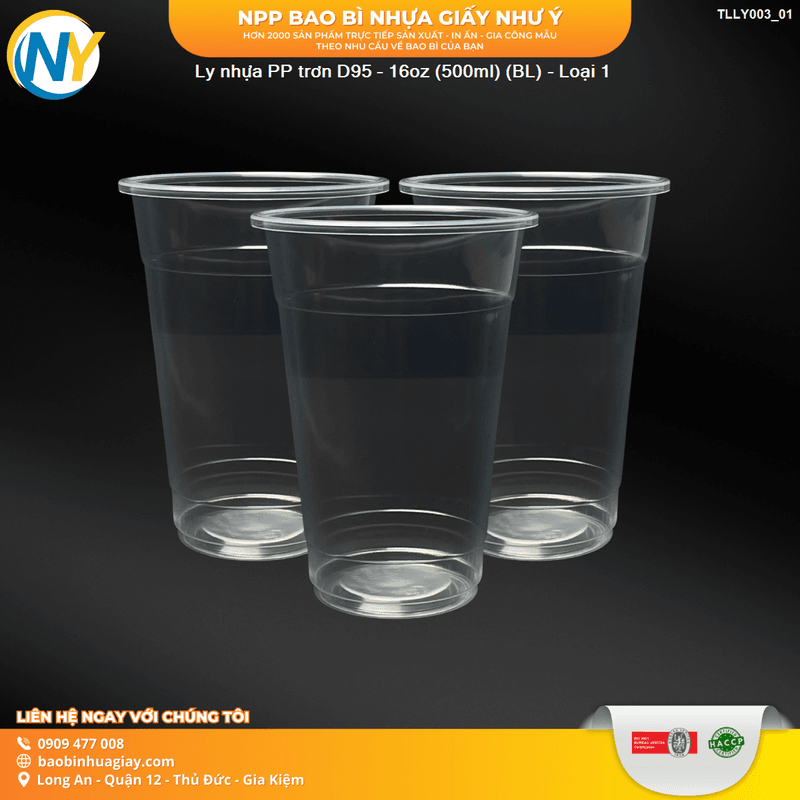 Ly nhựa PP trơn D95 - 16oz (500ml) (BL) - Loại 1  (50 cái/lốc - 1.000 cái/thùng)