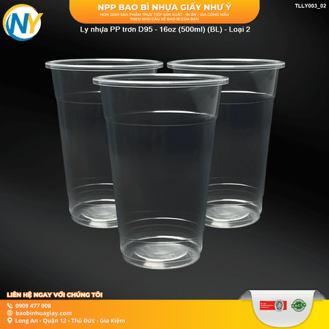 Ly nhựa PP trơn D95 - 16oz (500ml) (BL) - Loại 2 (50 cái/lốc, 1.000 cái/thùng) | LY NHỰA PP | Mã TLLY003_02 | Tổng kho phân phối đồ dùng 1 lần 1lan.vn