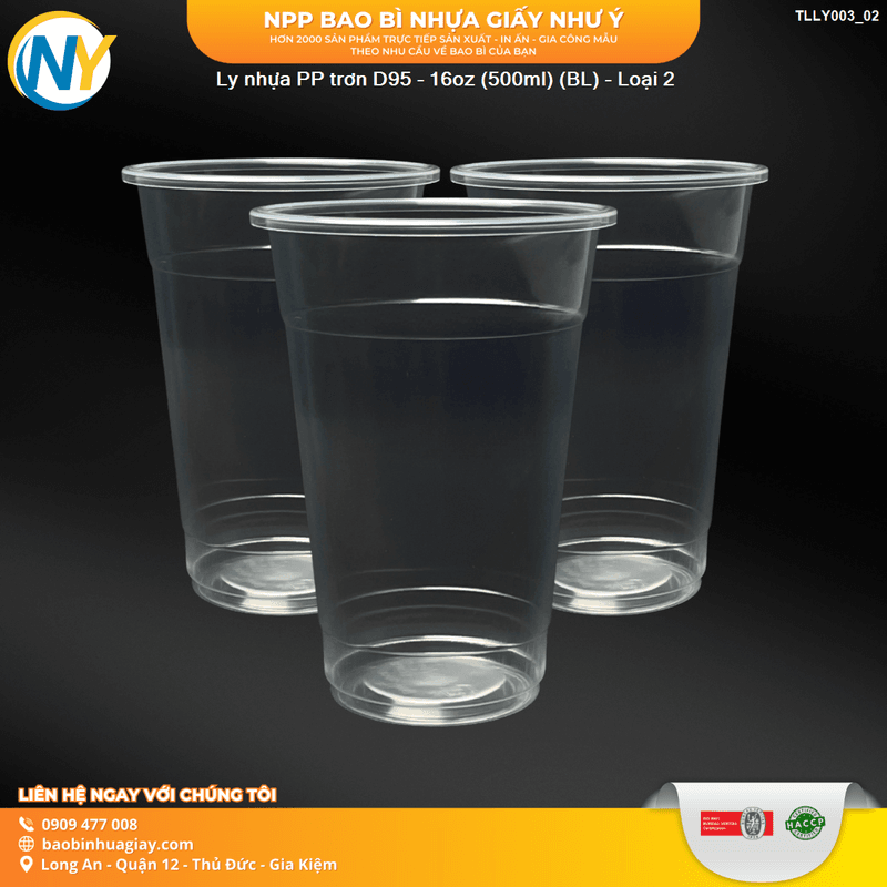 Ly nhựa PP trơn D95 - 16oz (500ml) (BL) - Loại 2 (50 cái/lốc, 1.000 cái/thùng) | LY NHỰA PP | Mã TLLY003_02