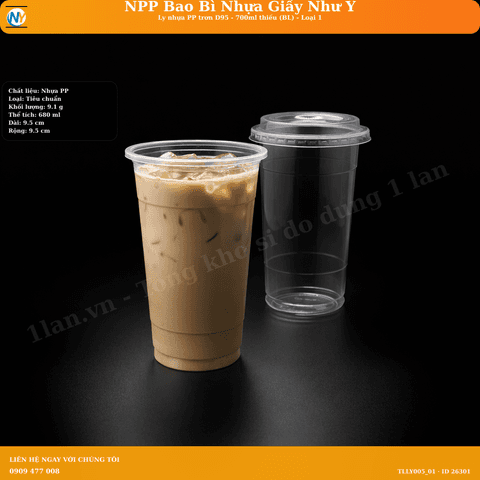 Ly nhựa PP trơn D95 - 700ml thiếu (BL) - Loại 1 | LY NHỰA PP | Mã TLLY005_01 | Tổng kho phân phối đồ dùng 1 lần 1lan.vn