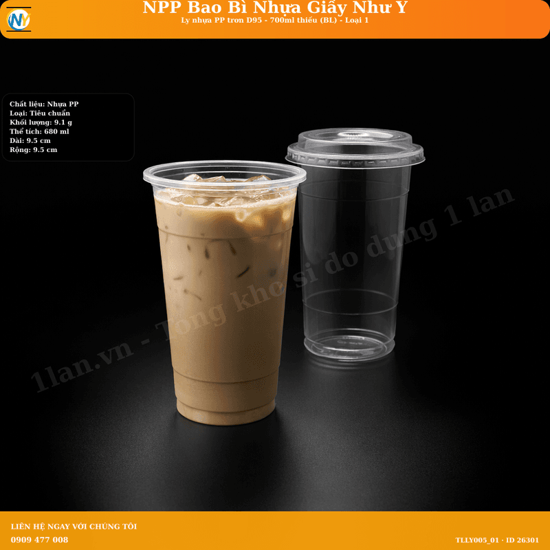 Ly nhựa PP trơn D95 - 700ml thiếu (BL) - Loại 1 (50 cái/lốc, 1.000 cái/thùng) | LY NHỰA PP | Mã TLLY005_01