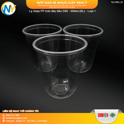 Ly nhựa PP trơn đáy bầu D95 - 500ml ( BL ) - Loại 1 | LY NHỰA PP | Mã TLLY001_01 | Tổng kho phân phối đồ dùng 1 lần 1lan.vn