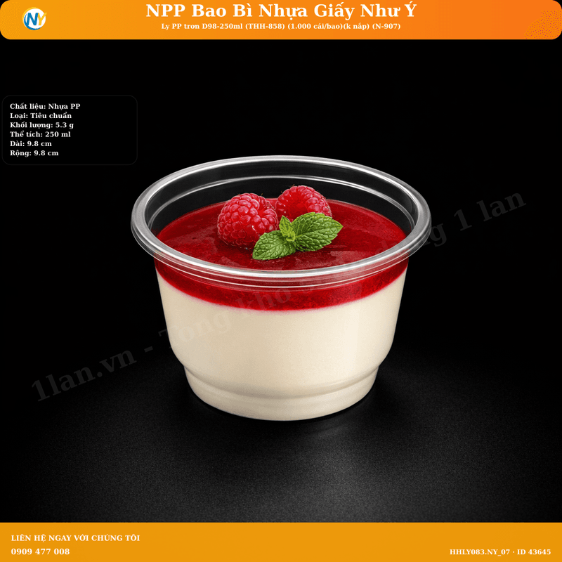 Ly PP trơn D98-250ml (THH-858) (1.000 cái/bao)(k nắp) (N-907) | LY NHỰA RAU CÂU/ĐẬU HỦ/PUDDING/YAOURT/Panna Cotta | Mã HHLY083.NY_07