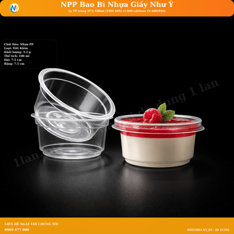 Ly PP trong  D75-100ml (THH 405) (1.000 cái/bao) (N-689/940) | LY NHỰA RAU CÂU/ĐẬU HỦ/PUDDING/YAOURT/Panna Cotta | Mã HHLY083.NY_03 | Tổng kho phân phối đồ dùng 1 lần 1lan.vn