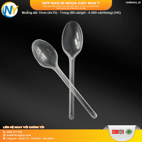 Muỗng dài 15cm (4x15) - Trong (80 cái/gói - 4.000 cái/thùng) (HK) | ĐŨA - MUỖNG - DAO - NĨA - XIÊN - TĂM - COMBO Muỗng | Mã HHMG024_06 | Tổng kho phân phối đồ dùng 1 lần 1lan.vn