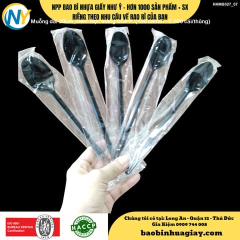 Muỗng dài 20cm_Đen- Bọc màng BOPP  (100 cái/túi - 2.000 cái/thùng) | ĐŨA - MUỖNG - DAO - NĨA - XIÊN - TĂM - COMBO Muỗng | Mã HHMG027_07 | Tổng kho phân phối đồ dùng 1 lần 1lan.vn