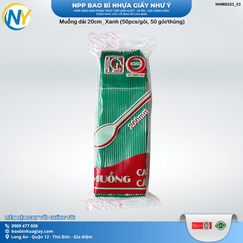 Muỗng dài 20cm_Xanh (50pcs/gói, 50 gói/thùng) | ĐŨA - MUỖNG - DAO - NĨA - XIÊN - TĂM - COMBO Muỗng | Mã HHMG023_03 | Tổng kho phân phối đồ dùng 1 lần 1lan.vn