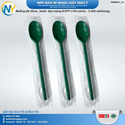 Muỗng dài 20cm_Xanh- Bọc màng BOPP (100 cái/túi - 2.000 cái/thùng) | ĐŨA - MUỖNG - DAO - NĨA - XIÊN - TĂM - COMBO Muỗng | Mã HHMG027_03 | Tổng kho phân phối đồ dùng 1 lần 1lan.vn