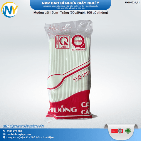 Muỗng dài 15cm_Trắng (50cái/gói, 100 gói/thùng) | ĐŨA - MUỖNG - DAO - NĨA - XIÊN - TĂM - COMBO Muỗng | Mã HHMG024_01 | Tổng kho phân phối đồ dùng 1 lần 1lan.vn