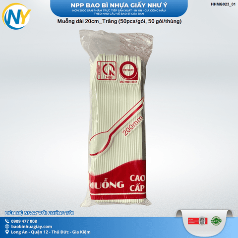 Muỗng dài 20cm_Trắng (50pcs/gói, 50 gói/thùng) | Tổng kho phân phối đồ dùng 1 lần 1lan.vn