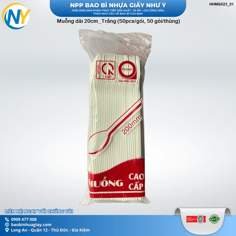 Muỗng dài 20cm  Trắng ( 50pcs/gói -  50 gói/thùng ) | ĐŨA - MUỖNG - DAO - NĨA - XIÊN - TĂM - COMBO Muỗng | Mã HHMG023_01