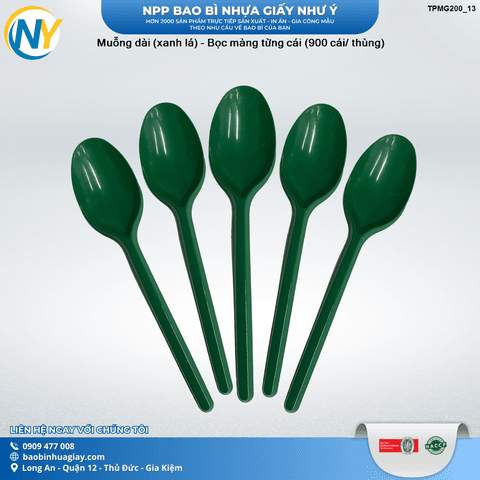 Muỗng dài (xanh lá) - Bọc màng từng cái (900 cái/ thùng) | ĐŨA - MUỖNG - DAO - NĨA - XIÊN - TĂM - COMBO Muỗng | Mã TPMG200_13 | Tổng kho phân phối đồ dùng 1 lần 1lan.vn