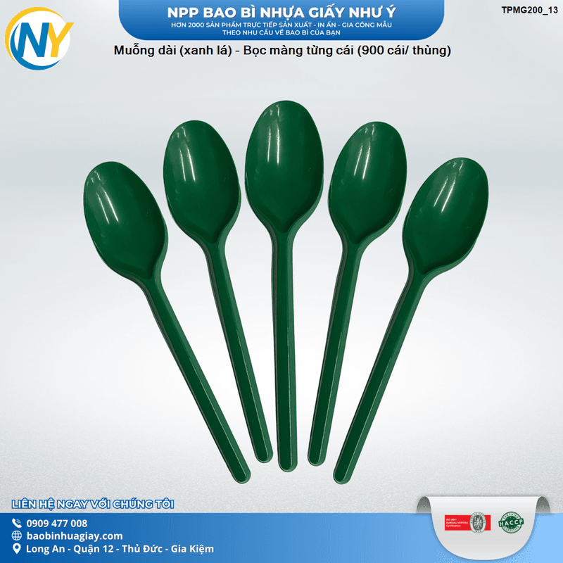 Muỗng dài (xanh lá) - Bọc màng từng cái (900 cái/ thùng) | ĐŨA - MUỖNG - DAO - NĨA - XIÊN - TĂM - COMBO Muỗng | Mã TPMG200_13