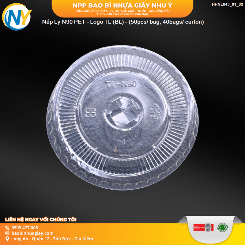 Nắp Ly N90 PET - Logo TL (BL) D90 - (50pcs/ bag, 40bags/ carton) | NẮP LY/TÔ - NẮP BẰNG -  NẮP CẦU - NẮP TRỰC TIẾP - NẮP TIM | Mã HHNL043_01_02