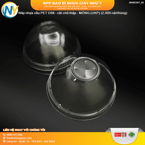 Nắp nhựa cầu PET D98 - cắt chữ thập - MỎNG (UKP) (2.000 cái/thùng) | NẮP LY/TÔ - NẮP BẰNG -  NẮP CẦU - NẮP TRỰC TIẾP - NẮP TIM | Mã HHNC007_02 | Tổng kho phân phối đồ dùng 1 lần 1lan.vn