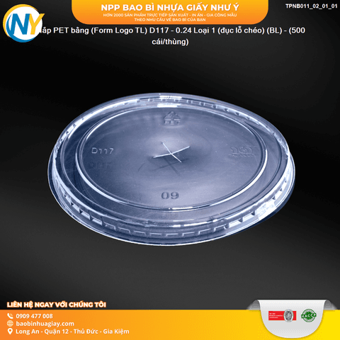 Nắp PET bằng (Form Logo TL) D117 - 0.24 Loại 1 (đục lỗ chéo) (BL) - (500 cái/thùng) | NẮP LY/TÔ - NẮP BẰNG -  NẮP CẦU - NẮP TRỰC TIẾP - NẮP TIM | Mã TPNB011_02_01_01 | Tổng kho phân phối đồ dùng 1 lần 1lan.vn