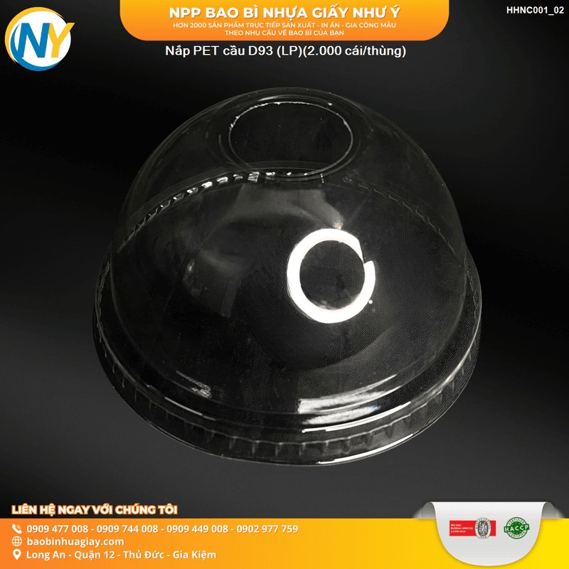 Nắp PET cầu đục lỗ tròn D93 (LP)(50 cái / lốc - 2.000 cái/thùng) | NẮP LY/TÔ - NẮP BẰNG -  NẮP CẦU - NẮP TRỰC TIẾP - NẮP TIM | Mã HHNC001_02