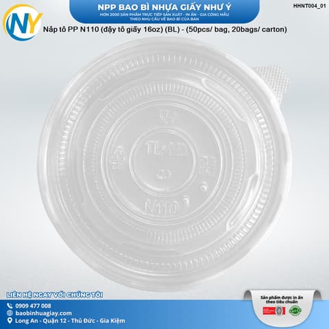 Nắp tô PP N110 (đậy tô giấy 16oz) (BL) - (50pcs/ bag, 20bags/ carton) (D110 - Đậy tô giấy 500ml) | NẮP LY/TÔ - NẮP BẰNG -  NẮP CẦU - NẮP TRỰC TIẾP - NẮP TIM | Mã HHNT004_01 | Tổng kho phân phối đồ dùng 1 lần 1lan.vn