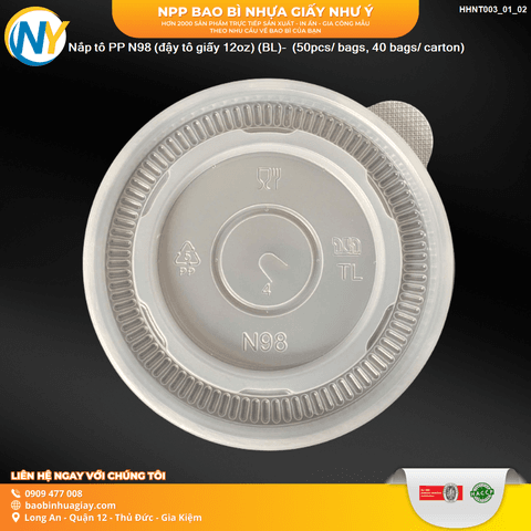 Nắp tô PP N98 (đậy tô giấy 12oz) (BL)-  (50pcs/ bags, 40 bags/ carton) | NẮP LY/TÔ - NẮP BẰNG -  NẮP CẦU - NẮP TRỰC TIẾP - NẮP TIM | Mã HHNT003_01_02 | Tổng kho phân phối đồ dùng 1 lần 1lan.vn