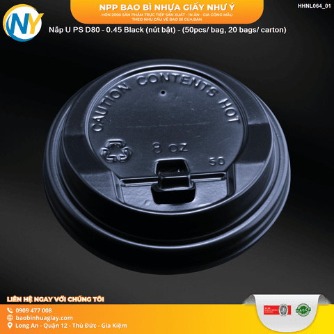 Nắp U PS D80 - 0.45 Black (nút bật) - (50pcs/ bag, 20 bags/ carton) | NẮP LY/TÔ - NẮP BẰNG -  NẮP CẦU - NẮP TRỰC TIẾP - NẮP TIM | Mã HHNL064_01 | Tổng kho phân phối đồ dùng 1 lần 1lan.vn
