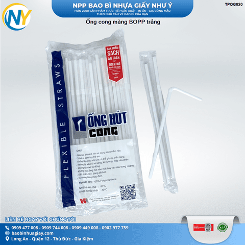 Ống cong màng BOPP trắng | ỐNG HÚT - ỐNG THẲNG/CONG/NHỌN - BỌC MÀNG BOPP | Mã TPOG020 | Tổng kho phân phối đồ dùng 1 lần 1lan.vn