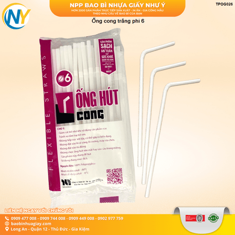 Ống cong trắng phi D6 | ỐNG HÚT - ỐNG THẲNG/CONG/NHỌN - BỌC MÀNG BOPP | Mã TPOG026 | Tổng kho phân phối đồ dùng 1 lần 1lan.vn