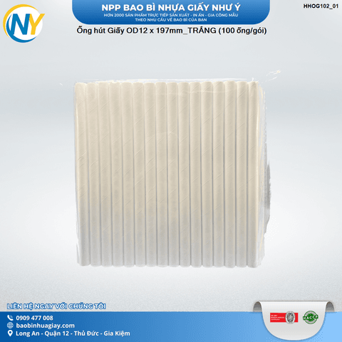 Ống hút Giấy OD12 x 197mm_TRẮNG (100 ống/gói) | ỐNG HÚT - ỐNG THẲNG/CONG/NHỌN - BỌC MÀNG BOPP | Mã HHOG102_01 | Tổng kho phân phối đồ dùng 1 lần 1lan.vn