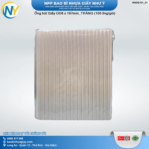 Ống hút Giấy OD8 x 197mm_TRẮNG (100 ống/gói) | ỐNG HÚT - ỐNG THẲNG/CONG/NHỌN - BỌC MÀNG BOPP | Mã HHOG101_01 | Tổng kho phân phối đồ dùng 1 lần 1lan.vn