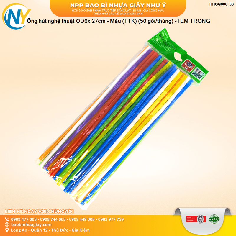 Ống hút nghệ thuật OD6x 27cm - Màu (TTK) (50 gói/thùng) -TEM TRONG | ỐNG HÚT - ỐNG THẲNG/CONG/NHỌN - BỌC MÀNG BOPP | Mã HHOG006_03
