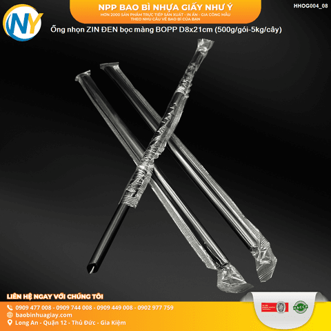 Ống nhọn ZIN ĐEN bọc màng BOPP D8x21cm (500g/gói-5kg/cây) | ỐNG HÚT - ỐNG THẲNG/CONG/NHỌN - BỌC MÀNG BOPP | Mã HHOG004_08 | Tổng kho phân phối đồ dùng 1 lần 1lan.vn
