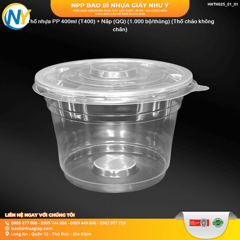 Thố nhựa PP 400ml (T400) + Nắp (QQ) (1.000 bộ/thùng) (Thố cháo không chân) | HỘP NHỰA, TÔ/THỐ NHỰA VUÔNG/TRÒN - HỘP MICROWAVE | Mã HHTH025_01_01 | Tổng kho phân phối đồ dùng 1 lần 1lan.vn