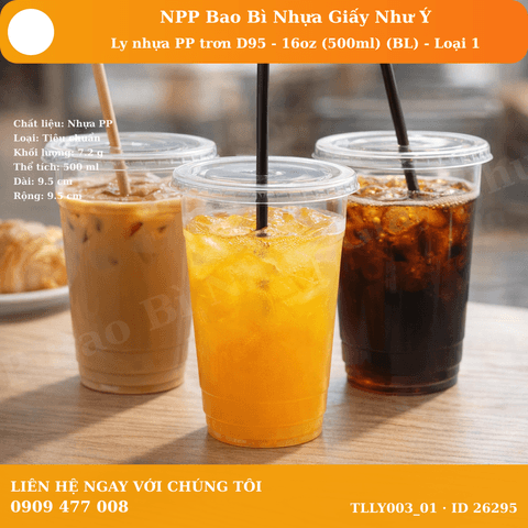 Ly nhựa PP trơn D95 - 16oz (500ml) (BL) - Loại 1  (50 cái/lốc - 1.000 cái/thùng) | LY NHỰA PP | Mã TLLY003_01 | Tổng kho phân phối đồ dùng 1 lần 1lan.vn