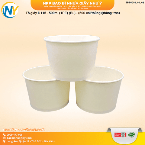 Tô giấy D115 - 500ml (1PE) (BL) - (500 cái/thùng)(thùng trơn) | TÔ GIẤY - TÔ CHÁO - TÔ PHỞ TÔ ĐỰNG MÓN NƯỚC - NẮP TÔ GIẤY | Mã TPTG001_01_02 | Tổng kho phân phối đồ dùng 1 lần 1lan.vn