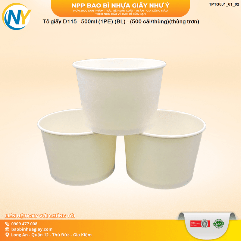 Tô giấy D115 - 500ml (1PE) (BL) - (500 cái/thùng)(thùng trơn) | TÔ GIẤY - TÔ CHÁO - TÔ PHỞ TÔ ĐỰNG MÓN NƯỚC - NẮP TÔ GIẤY | Mã TPTG001_01_02