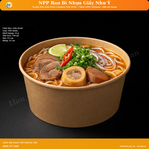 Tô giấy Nâu (Giấy Kraft Cupstock FDA) D150 - 750ml (1PE) (265gsm) - 600 cái/ thùng | TÔ GIẤY - TÔ CHÁO - TÔ PHỞ TÔ ĐỰNG MÓN NƯỚC - NẮP TÔ GIẤY | Mã TPTG019_01_01 | Tổng kho phân phối đồ dùng 1 lần 1lan.vn