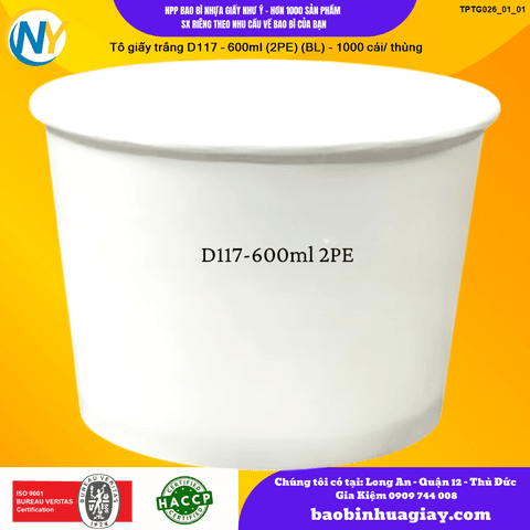 Tô giấy trắng D117 - 600ml (2PE) (BL) - 1000 cái/ thùng | TÔ GIẤY - TÔ CHÁO - TÔ PHỞ TÔ ĐỰNG MÓN NƯỚC - NẮP TÔ GIẤY | Mã TPTG026_01_01 | Tổng kho phân phối đồ dùng 1 lần 1lan.vn