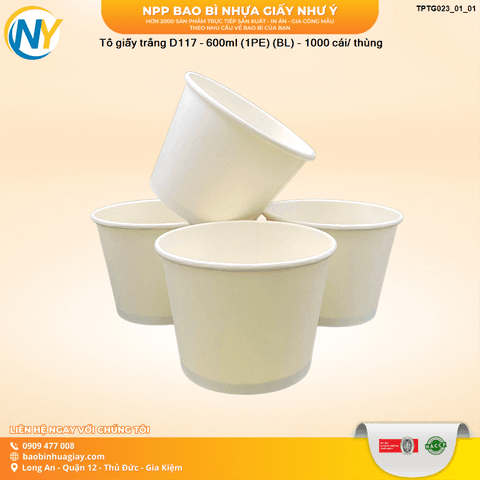 Tô giấy trắng D117 - 600ml (1PE) (BL) - 1000 cái/ thùng | TÔ GIẤY - TÔ CHÁO - TÔ PHỞ TÔ ĐỰNG MÓN NƯỚC - NẮP TÔ GIẤY | Mã TPTG023_01_01 | Tổng kho phân phối đồ dùng 1 lần 1lan.vn