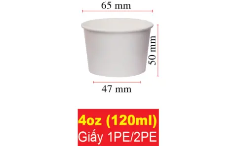 Tô giấy trắng D65- 4oz (120ml) (1PE) (PT) (2.000 cái/ thùng) | TÔ GIẤY - TÔ CHÁO - TÔ PHỞ TÔ ĐỰNG MÓN NƯỚC - NẮP TÔ GIẤY | Mã HHTG004_01 | Tổng kho phân phối đồ dùng 1 lần 1lan.vn
