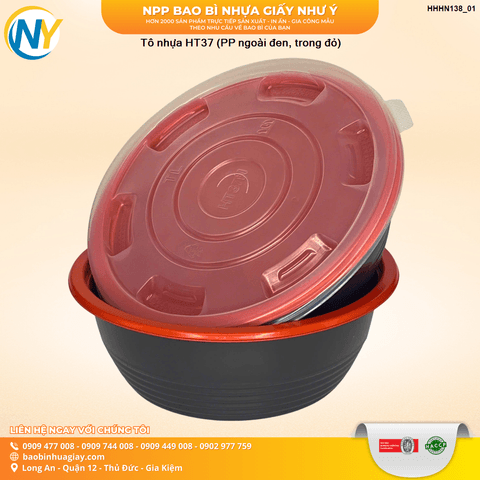Tô nhựa HT37 (PP ngoài đen, trong đỏ) | HỘP NHỰA, TÔ/THỐ NHỰA VUÔNG/TRÒN - HỘP MICROWAVE | Mã HHHN138_01 | Tổng kho phân phối đồ dùng 1 lần 1lan.vn
