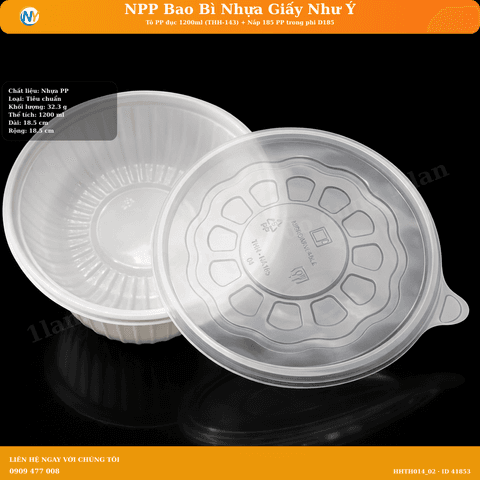 Tô  PP đục 1200ml (THH-143) + Nắp 185  PP trong phi D185 | HỘP NHỰA, TÔ/THỐ NHỰA VUÔNG/TRÒN - HỘP MICROWAVE | Mã HHTH014_02 | Tổng kho phân phối đồ dùng 1 lần 1lan.vn