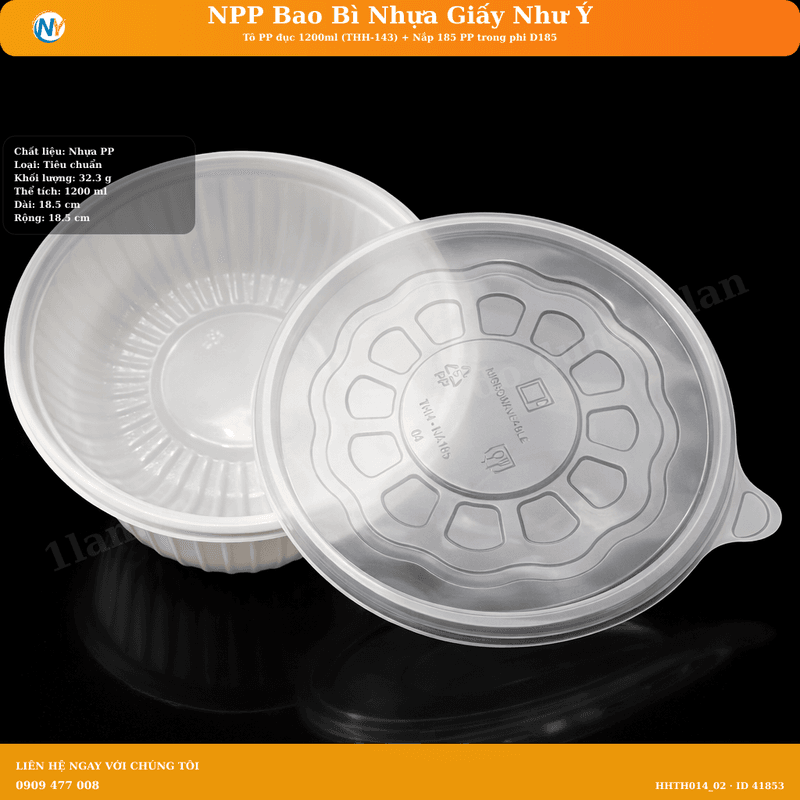 Tô  PP đục 1200ml (THH-143) + Nắp 185  PP trong phi D185 | HỘP NHỰA, TÔ/THỐ NHỰA VUÔNG/TRÒN - HỘP MICROWAVE | Mã HHTH014_02